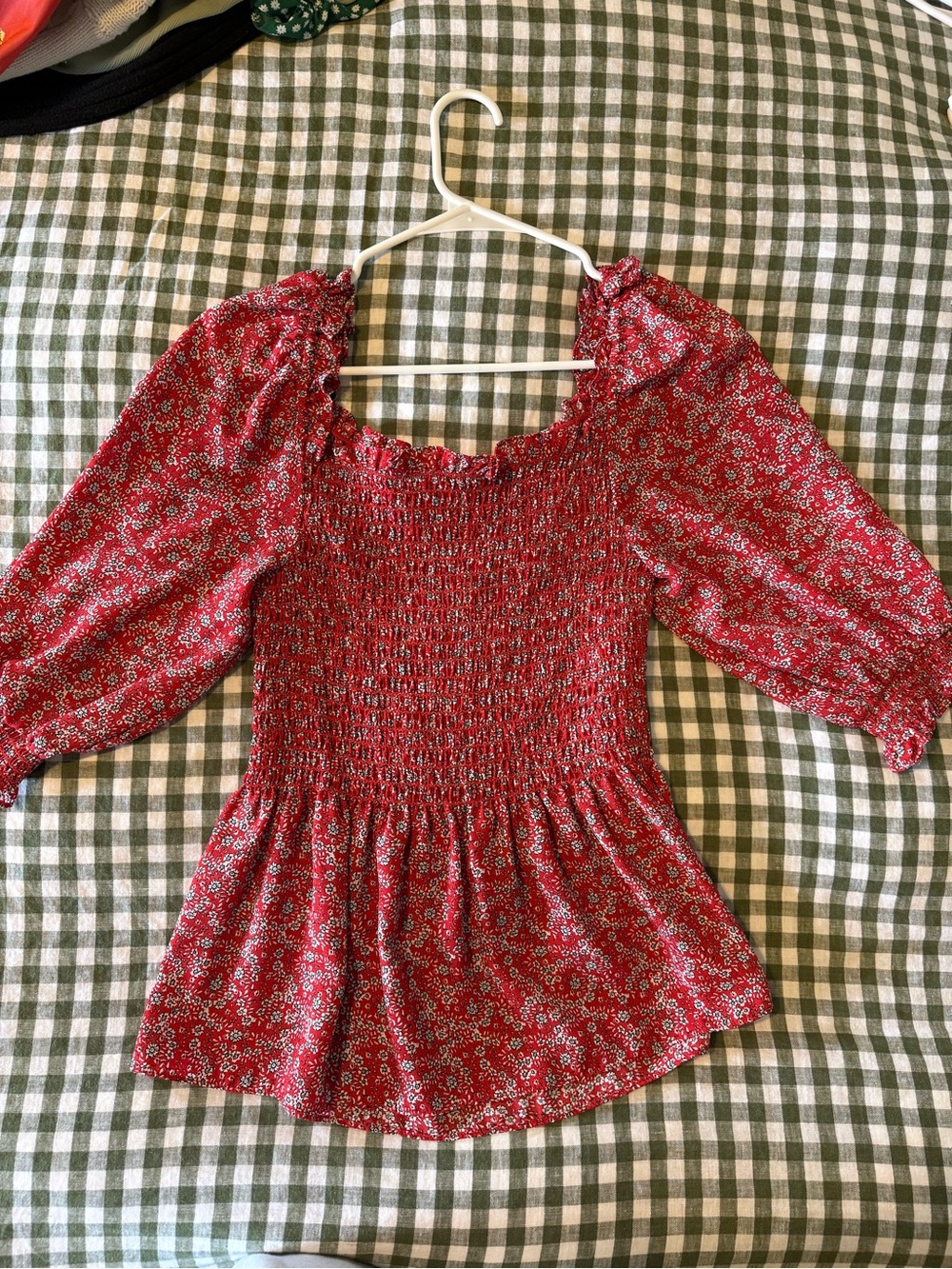 Red Floral Smocked Peasant Top